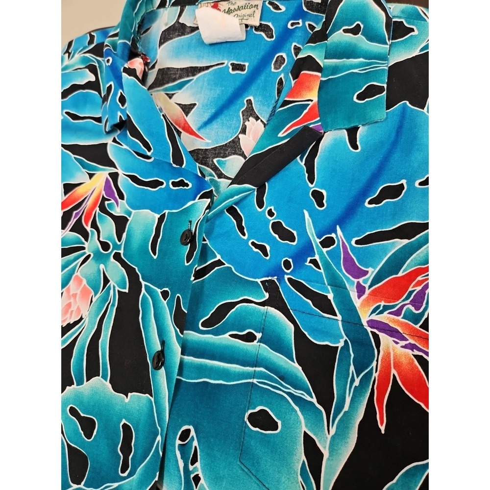 VTG Hilo Hattie Hawaiian Shirt Mens XL Blue Black Birds Of Paradise Made in USA